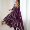 Wine Faux Georgette With Embroidery Gown
