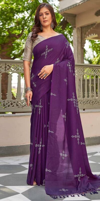Wine Natural Silk With Thread Embroidery Saree