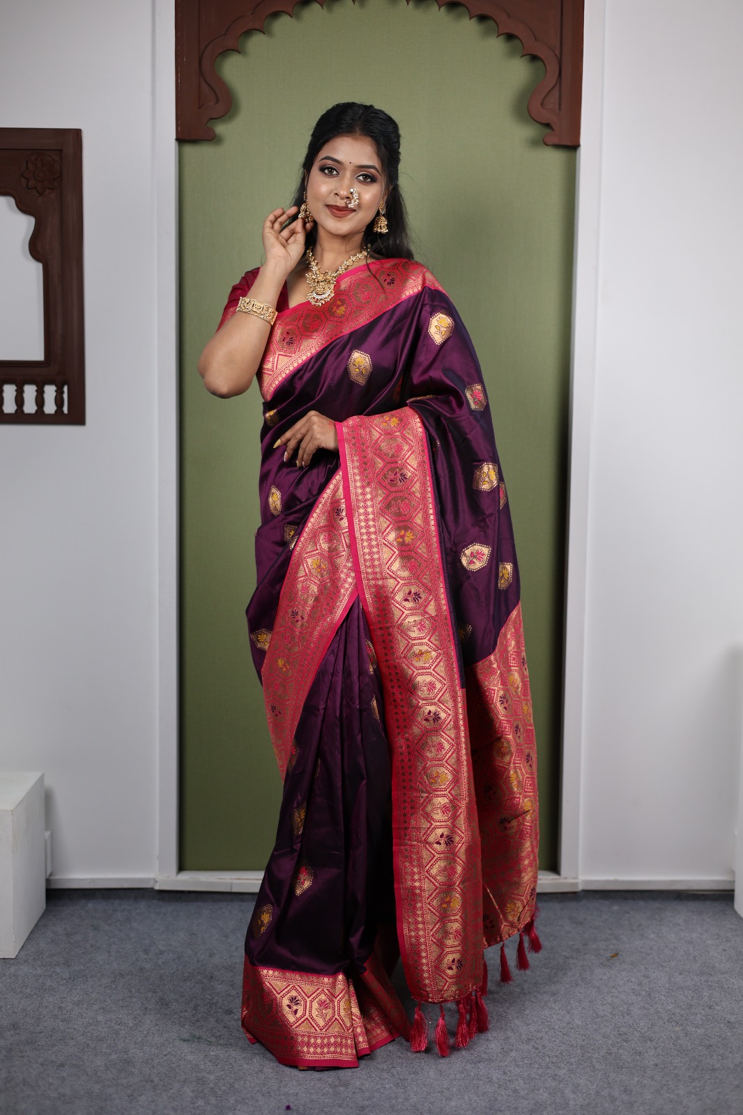 Wine Soft Paithani Silk Zari Work Lace Saree