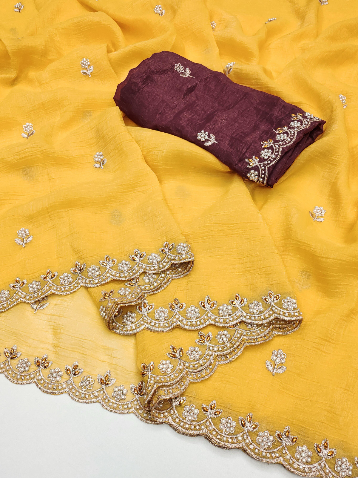 BT 1267 Yellow in Crunchy Chiffon Embroidery Work Saree . Wedding, Party, Festive, Events, Exclusive Offer ₹1749. Delivery 4-6 Working Days. Shop now. | Sarees, Bollywood Sarees, Creative Sarees, Designer Sarees, Embroidered Sarees, Ethnic Saree, Modern Digital sarees, Party Wear Sarees