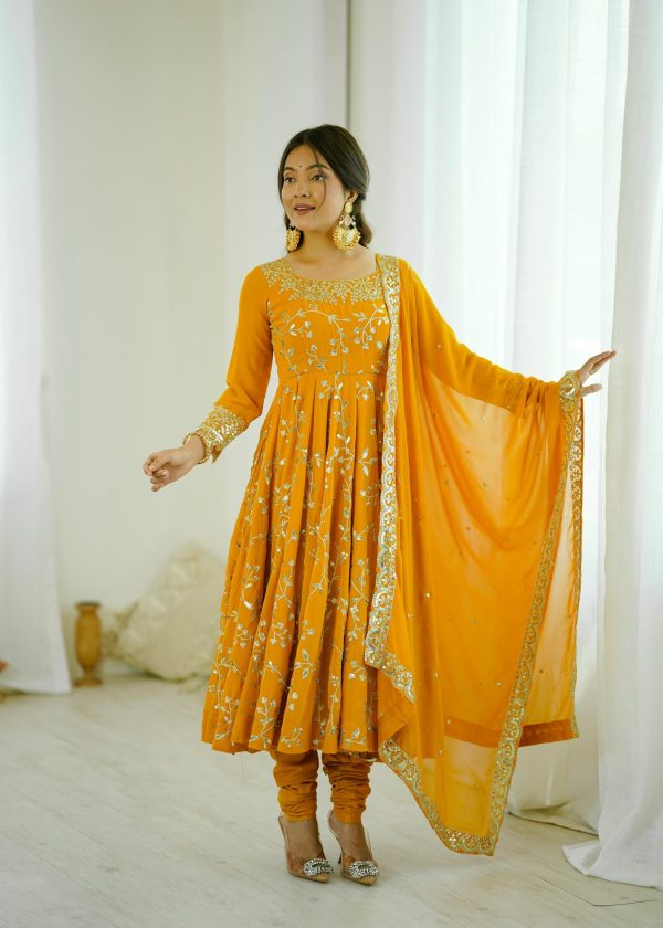SRK 5299 Yellow Faux Georgette With Sequence Work Perfect for Wedding, Party, Temple Visit, Ganesh Chaturthi Festive, Events, 4-6 Working Days At 2149 | Gowns, Bollywood Gowns, Creative Gowns, Designer Gowns, Embroidered Gowns, Party Wear Gowns