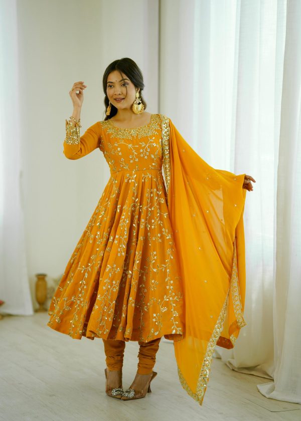 SRK 5299 Yellow Faux Georgette With Sequence Work Perfect for Wedding, Party, Temple Visit, Ganesh Chaturthi Festive, Events, 4-6 Working Days At 2149 | Gowns, Bollywood Gowns, Creative Gowns, Designer Gowns, Embroidered Gowns, Party Wear Gowns