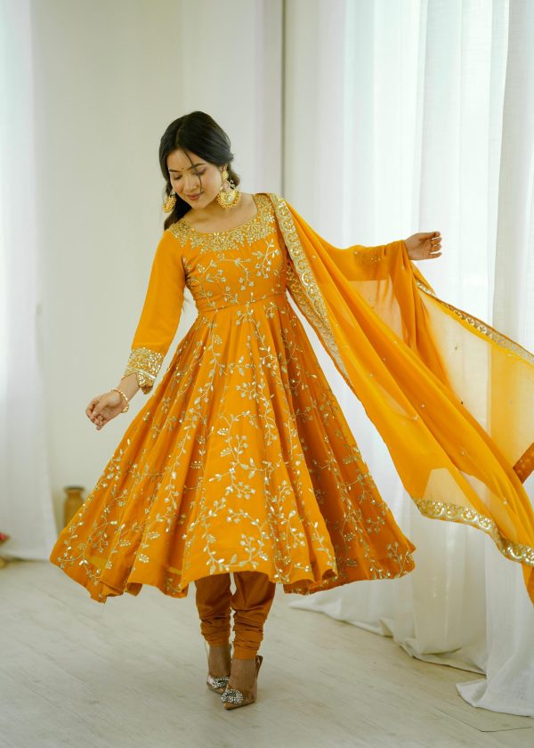 SRK 5299 Yellow Faux Georgette With Sequence Work Perfect for Wedding, Party, Temple Visit, Ganesh Chaturthi Festive, Events, 4-6 Working Days At 2149 | Gowns, Bollywood Gowns, Creative Gowns, Designer Gowns, Embroidered Gowns, Party Wear Gowns