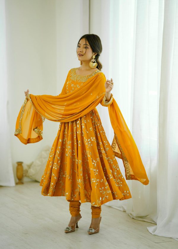 SRK 5299 Yellow Faux Georgette With Sequence Work Perfect for Wedding, Party, Temple Visit, Ganesh Chaturthi Festive, Events, 4-6 Working Days At 2149 | Gowns, Bollywood Gowns, Creative Gowns, Designer Gowns, Embroidered Gowns, Party Wear Gowns
