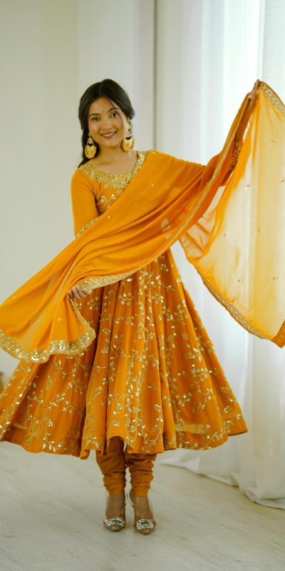 SRK 5299 Yellow Faux Georgette With Sequence Work Perfect for Wedding, Party, Temple Visit, Ganesh Chaturthi Festive, Events, 4-6 Working Days At 2149 | Gowns, Bollywood Gowns, Creative Gowns, Designer Gowns, Embroidered Gowns, Party Wear Gowns