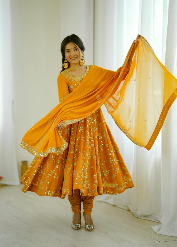 SRK 5299 Yellow Faux Georgette With Sequence Work Perfect for Wedding, Party, Temple Visit, Ganesh Chaturthi Festive, Events, 4-6 Working Days At 2149 | Gowns, Bollywood Gowns, Creative Gowns, Designer Gowns, Embroidered Gowns, Party Wear Gowns