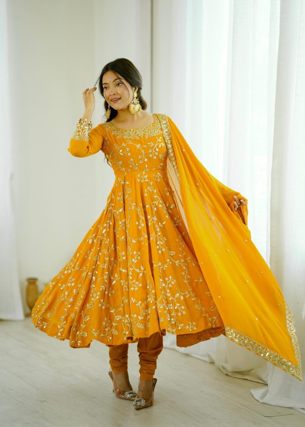 SRK 5299 Yellow Faux Georgette With Sequence Work Perfect for Wedding, Party, Temple Visit, Ganesh Chaturthi Festive, Events, 4-6 Working Days At 2149 | Gowns, Bollywood Gowns, Creative Gowns, Designer Gowns, Embroidered Gowns, Party Wear Gowns