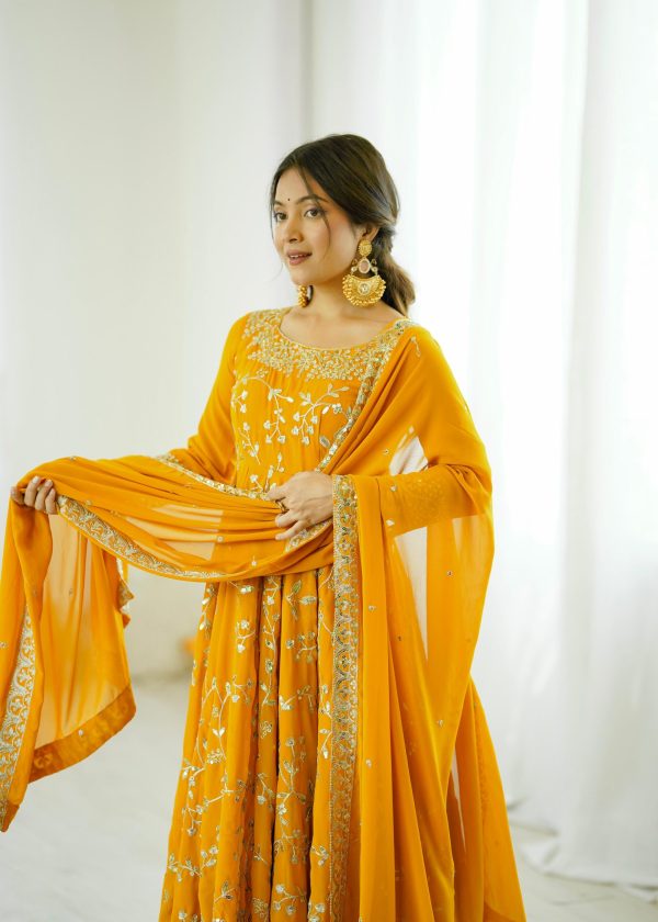 SRK 5299 Yellow Faux Georgette With Sequence Work Perfect for Wedding, Party, Temple Visit, Ganesh Chaturthi Festive, Events, 4-6 Working Days At 2149 | Gowns, Bollywood Gowns, Creative Gowns, Designer Gowns, Embroidered Gowns, Party Wear Gowns