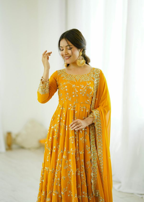 SRK 5299 Yellow Faux Georgette With Sequence Work Perfect for Wedding, Party, Temple Visit, Ganesh Chaturthi Festive, Events, 4-6 Working Days At 2149 | Gowns, Bollywood Gowns, Creative Gowns, Designer Gowns, Embroidered Gowns, Party Wear Gowns