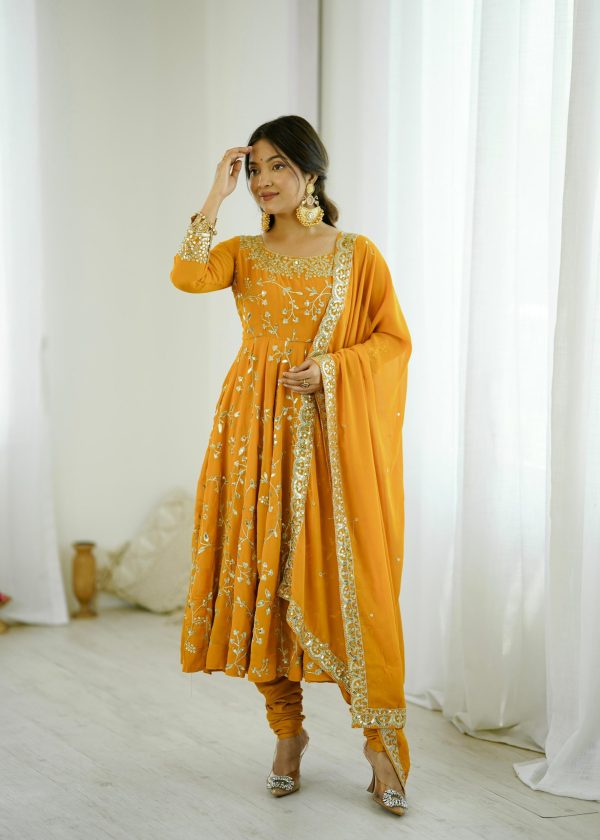 SRK 5299 Yellow Faux Georgette With Sequence Work Perfect for Wedding, Party, Temple Visit, Ganesh Chaturthi Festive, Events, 4-6 Working Days At 2149 | Gowns, Bollywood Gowns, Creative Gowns, Designer Gowns, Embroidered Gowns, Party Wear Gowns