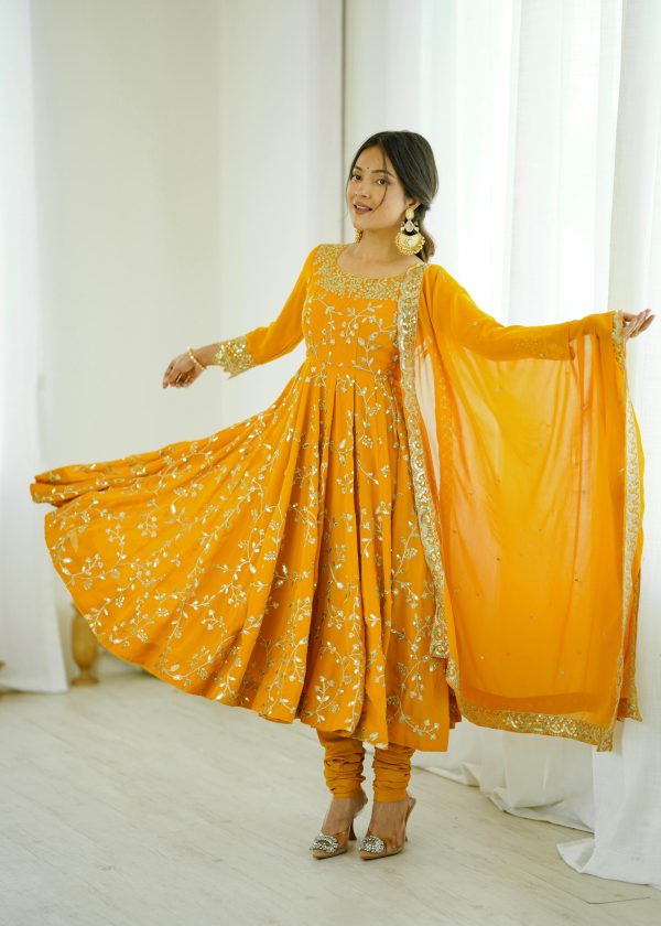 SRK 5299 Yellow Faux Georgette With Sequence Work Perfect for Wedding, Party, Temple Visit, Ganesh Chaturthi Festive, Events, 4-6 Working Days At 2149 | Gowns, Bollywood Gowns, Creative Gowns, Designer Gowns, Embroidered Gowns, Party Wear Gowns