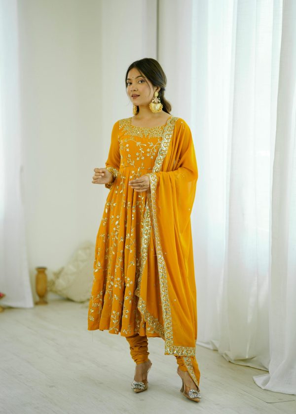 SRK 5299 Yellow Faux Georgette With Sequence Work Perfect for Wedding, Party, Temple Visit, Ganesh Chaturthi Festive, Events, 4-6 Working Days At 2149 | Gowns, Bollywood Gowns, Creative Gowns, Designer Gowns, Embroidered Gowns, Party Wear Gowns