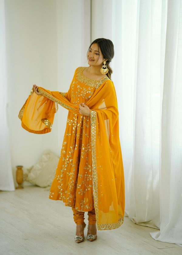 SRK 5299 Yellow Faux Georgette With Sequence Work Perfect for Wedding, Party, Temple Visit, Ganesh Chaturthi Festive, Events, 4-6 Working Days At 2149 | Gowns, Bollywood Gowns, Creative Gowns, Designer Gowns, Embroidered Gowns, Party Wear Gowns