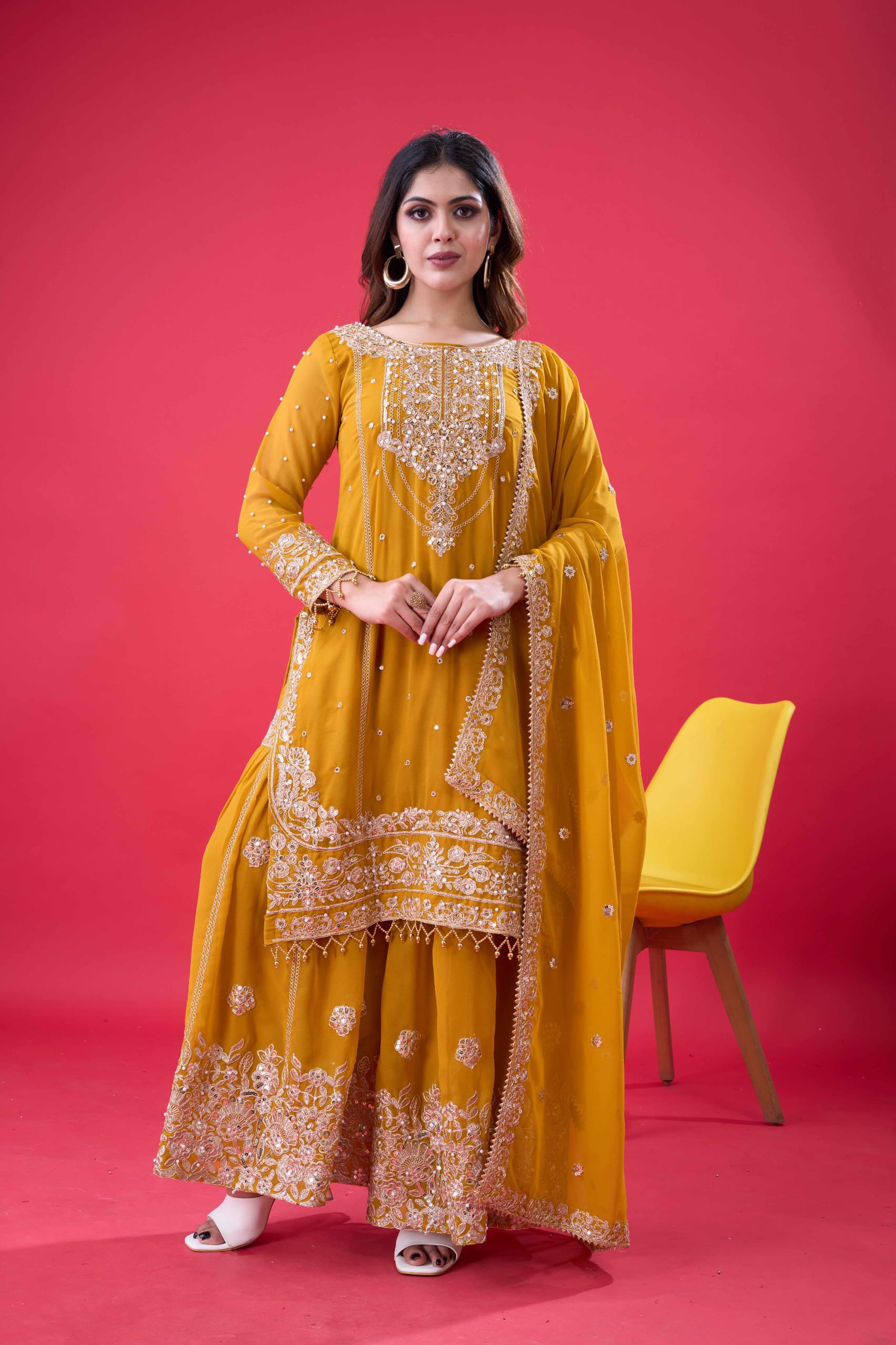 SR 1688 Yellow Faux Georgette with Lace Work & Embroidery Work. Salwar Suit Introductory Price ₹1949. Delivery 4-6 Working Days. Shop now. | Jump Suits, Salwar suit, Casual Suits, Creative suits, Designer Suits, Palazzo Suits, Party Wear Suits, Patiala Suits, Straight Suits
