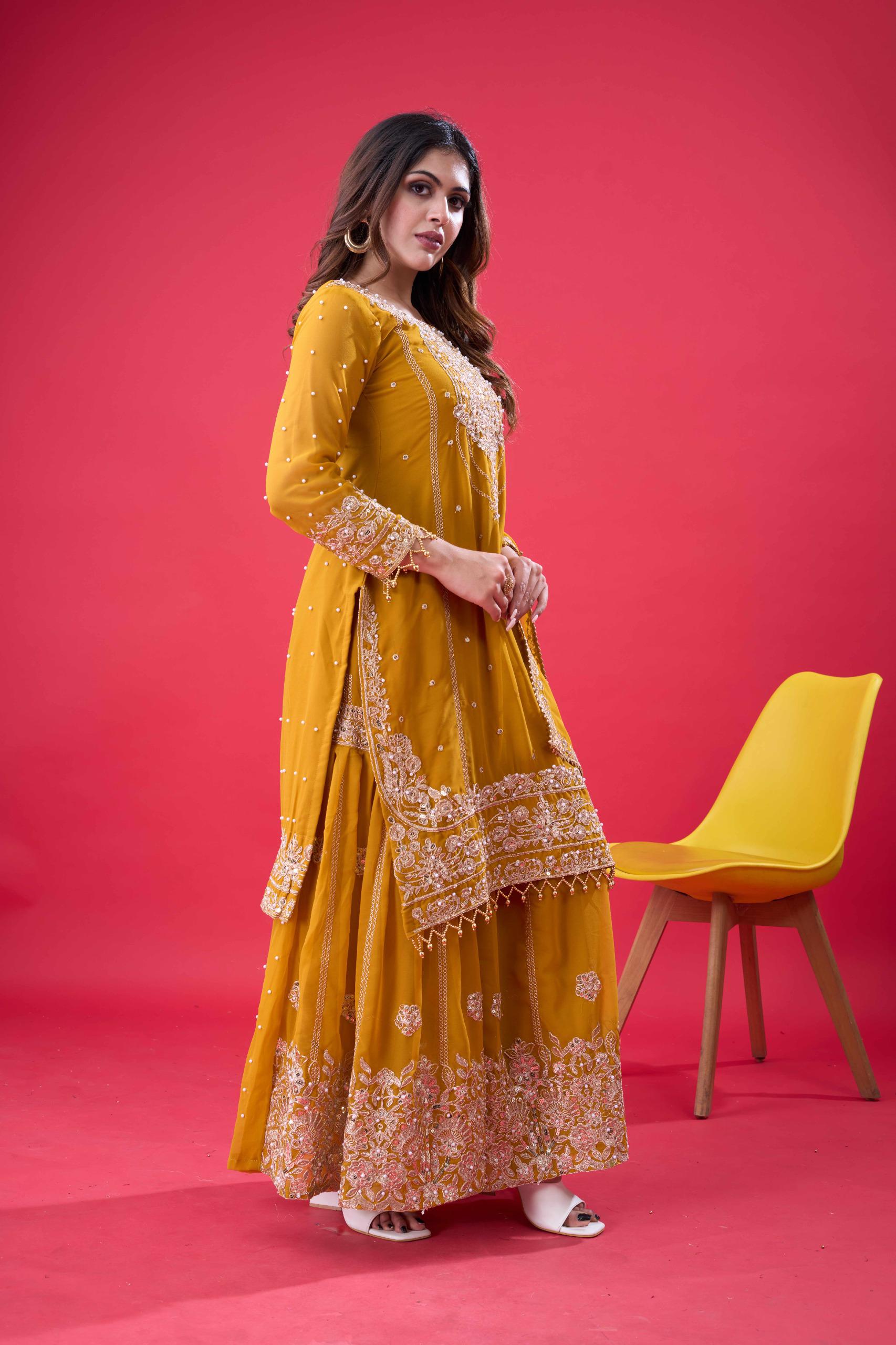 SR 1688 Yellow Faux Georgette with Lace Work & Embroidery Work. Salwar Suit Introductory Price ₹1949. Delivery 4-6 Working Days. Shop now. | Jump Suits, Salwar suit, Casual Suits, Creative suits, Designer Suits, Palazzo Suits, Party Wear Suits, Patiala Suits, Straight Suits