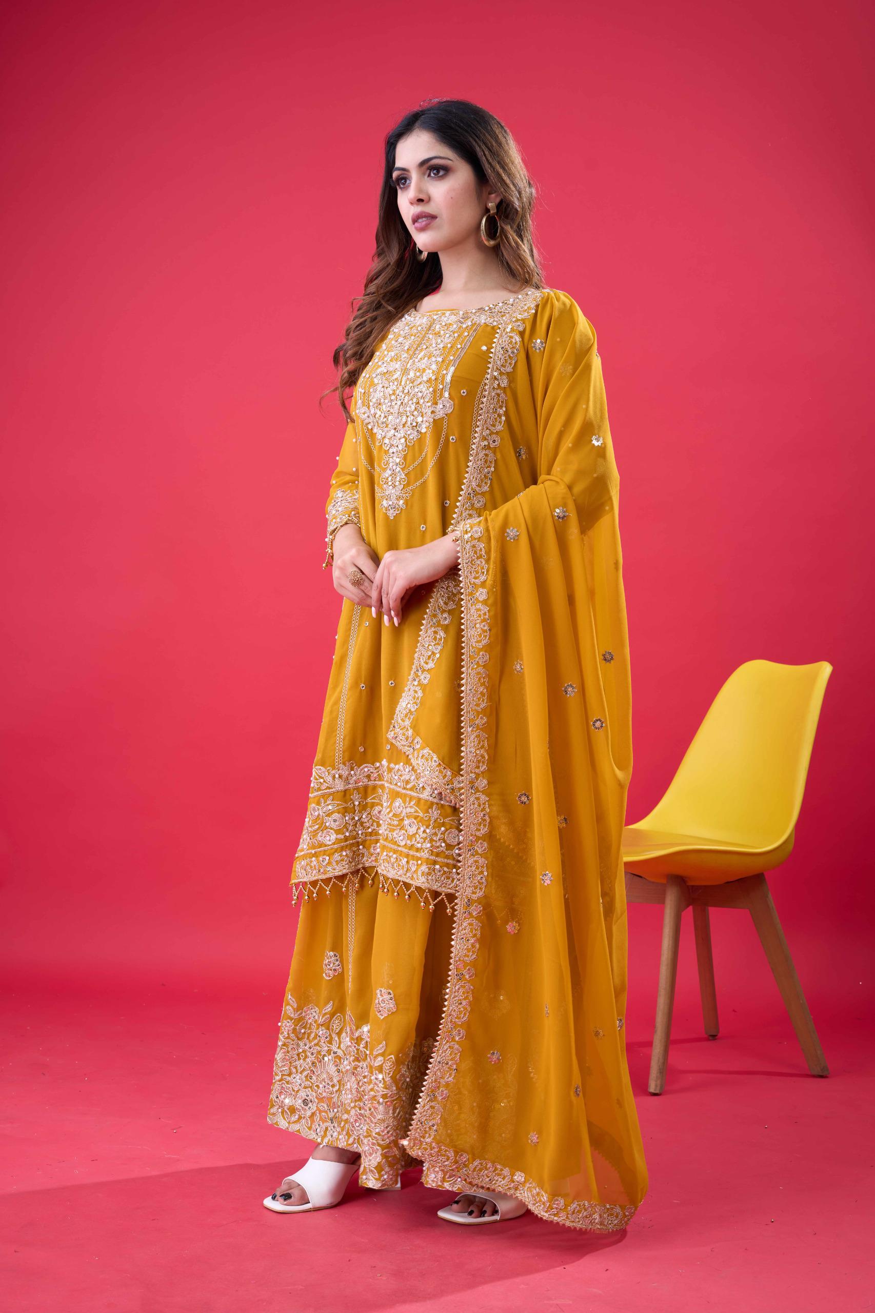 SR 1688 Yellow Faux Georgette with Lace Work & Embroidery Work. Salwar Suit Introductory Price ₹1949. Delivery 4-6 Working Days. Shop now. | Jump Suits, Salwar suit, Casual Suits, Creative suits, Designer Suits, Palazzo Suits, Party Wear Suits, Patiala Suits, Straight Suits