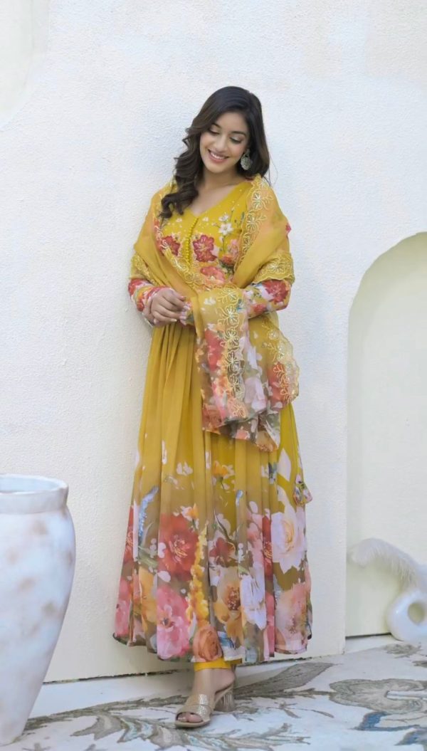 ZSR 3144 Yellow Fix Georgette With Sequence Work Digital Print Fully Flair Gown Perfect for Wedding, Party, Bridal Wear, Family Gatherings, Festival At 2049 | Gowns, Bollywood Gowns, Creative Gowns, Designer Gowns, Embroidered Gowns, Party Wear Gowns