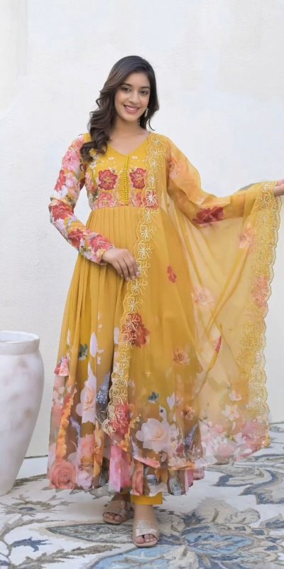 ZSR 3144 Yellow Fix Georgette With Sequence Work Digital Print Fully Flair Gown Perfect for Wedding, Party, Bridal Wear, Family Gatherings, Festival At 2049 | Gowns, Bollywood Gowns, Creative Gowns, Designer Gowns, Embroidered Gowns, Party Wear Gowns