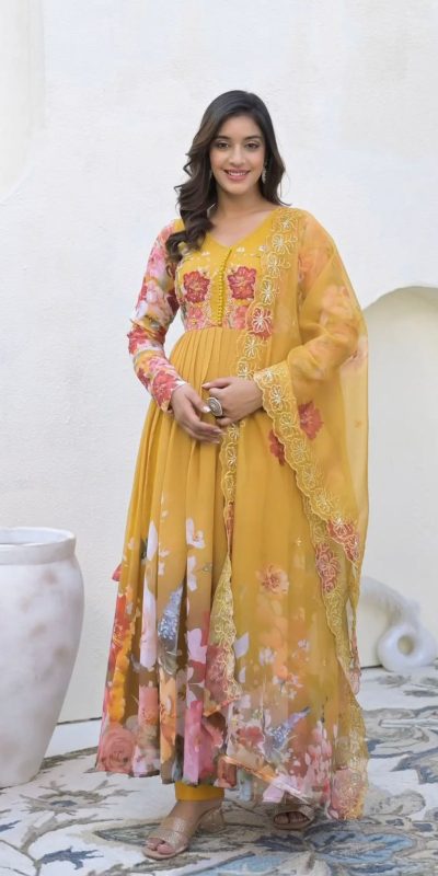ZSR 3144 Yellow Fix Georgette With Sequence Work Digital Print Fully Flair Gown Perfect for Wedding, Party, Bridal Wear, Family Gatherings, Festival At 2049 | Gowns, Bollywood Gowns, Creative Gowns, Designer Gowns, Embroidered Gowns, Party Wear Gowns