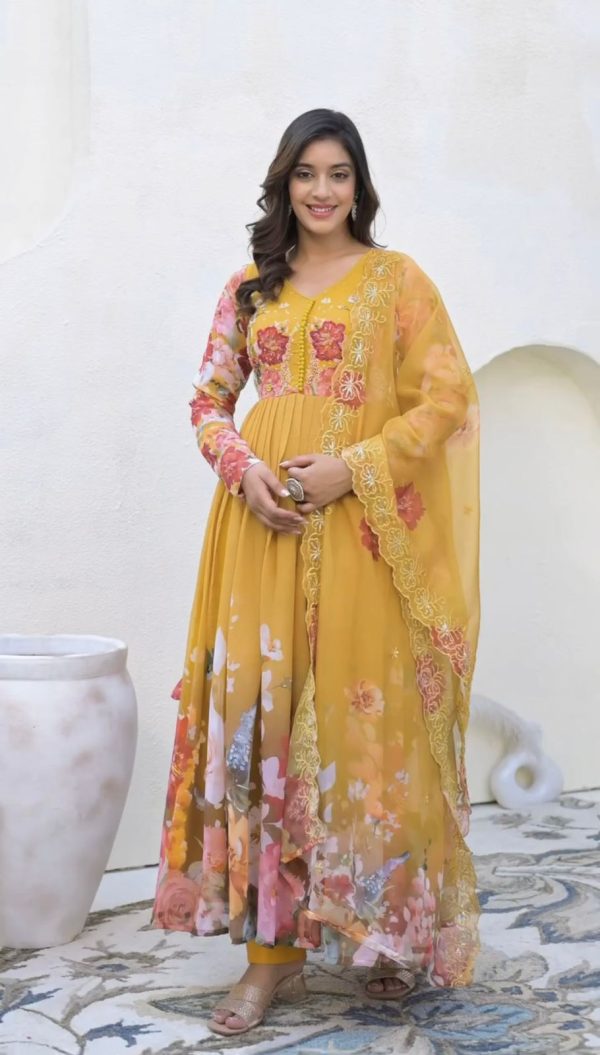 ZSR 3144 Yellow Fix Georgette With Sequence Work Digital Print Fully Flair Gown Perfect for Wedding, Party, Bridal Wear, Family Gatherings, Festival At 2049 | Gowns, Bollywood Gowns, Creative Gowns, Designer Gowns, Embroidered Gowns, Party Wear Gowns