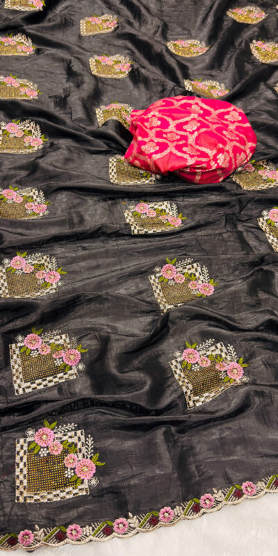 Black Paper Silk Crush With Embroider Saree