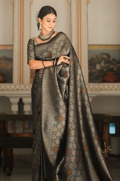 Black Soft Lichi With Jacquard Work Silk Saree
