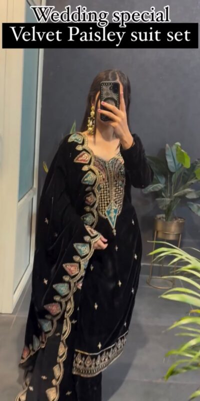 Black Viscose Velvet With Embroidery Work Salwar Suit