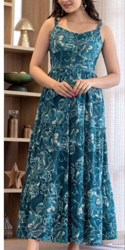 Blue Cotton With Printed Gown