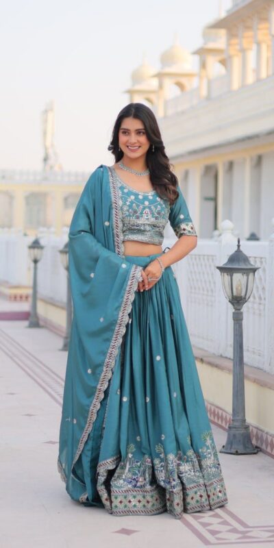 Blue Pure Chinon Embroidery Work Lehenga Choli
