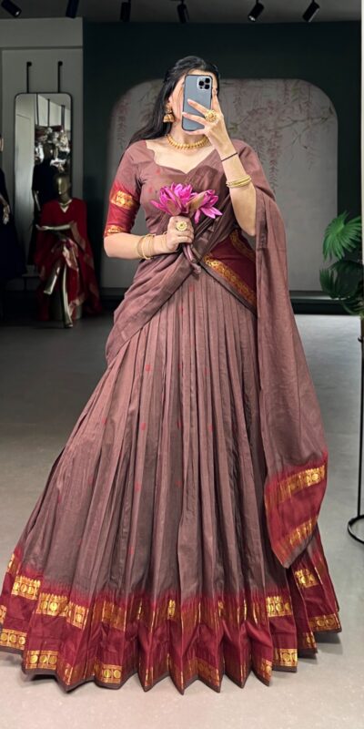 Brown Pure Chanderi Zari Work Lehenga Choli