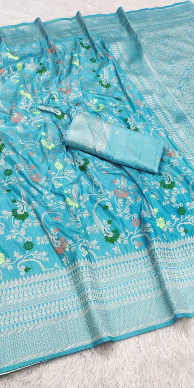 Firozi Khaddi Pashmina Lace Zari Work Saree