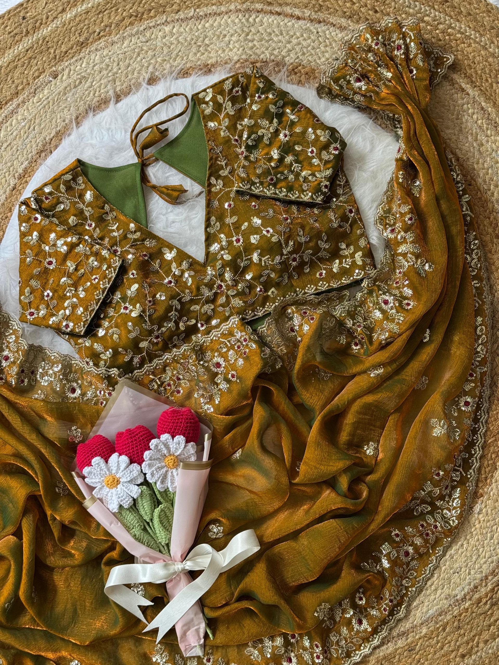 Gold Fandy Chiffon Embroidery Work Saree - Image 3