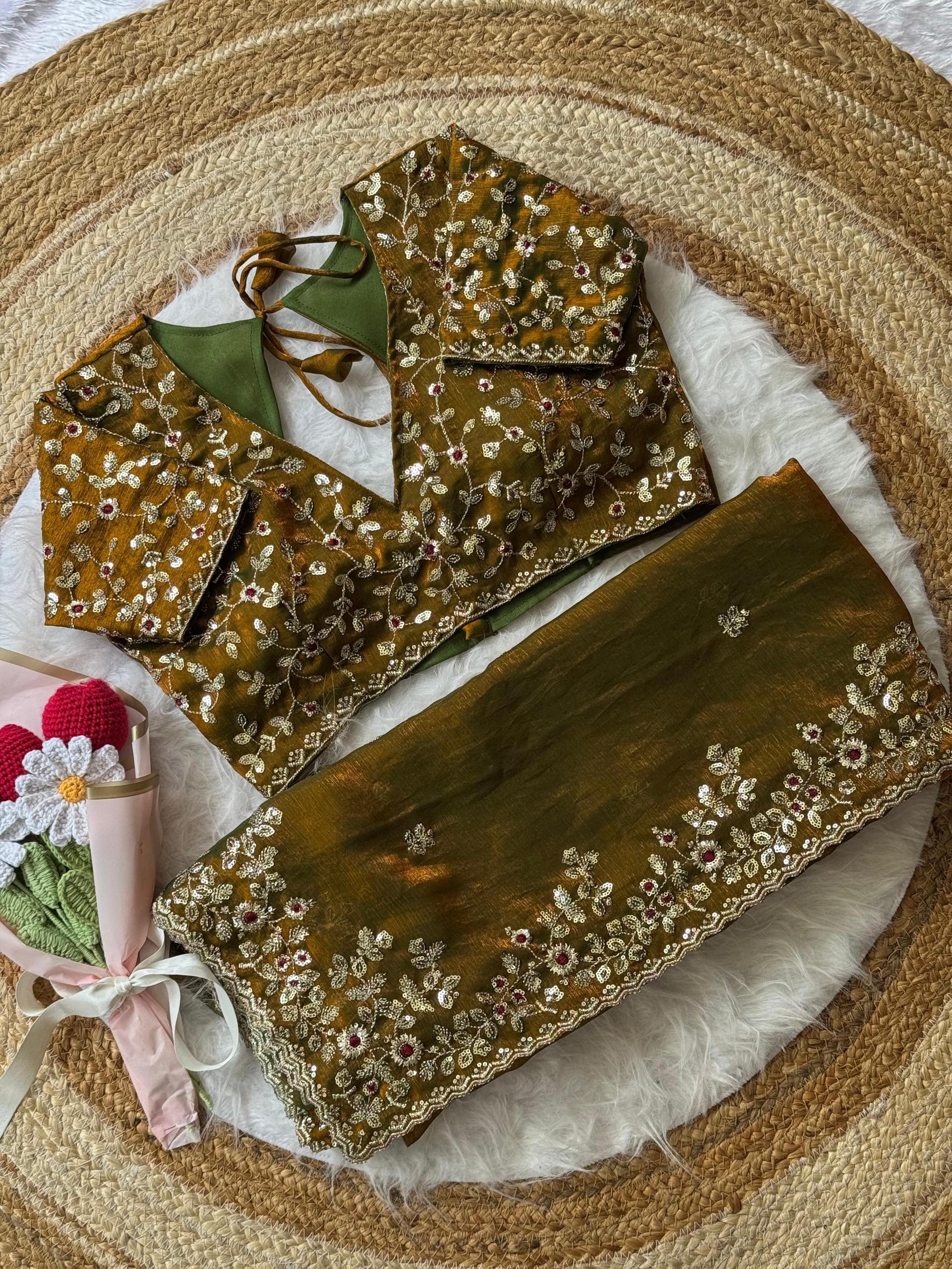 Gold Fandy Chiffon Embroidery Work Saree