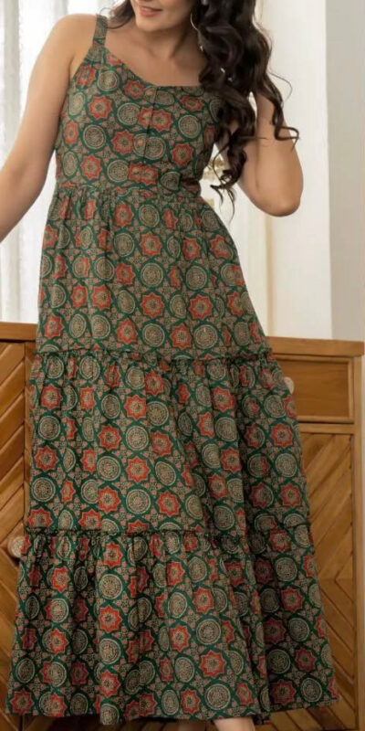 Green Cotton With Printed Gown