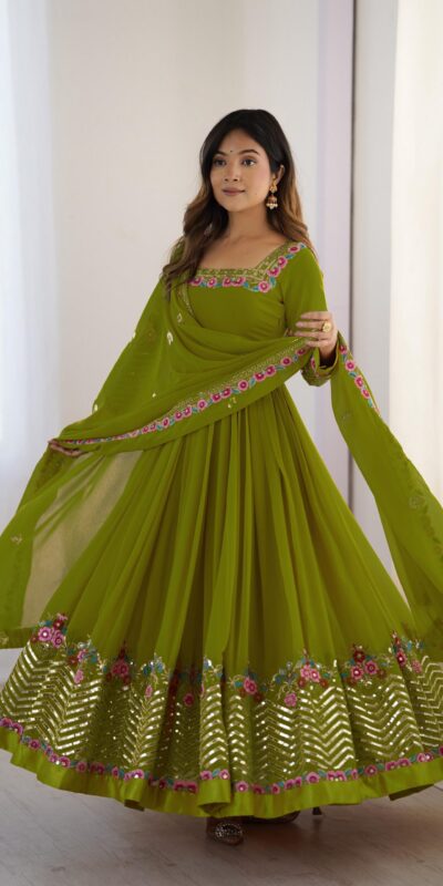 Green Georgette Multi Thread Work Gown