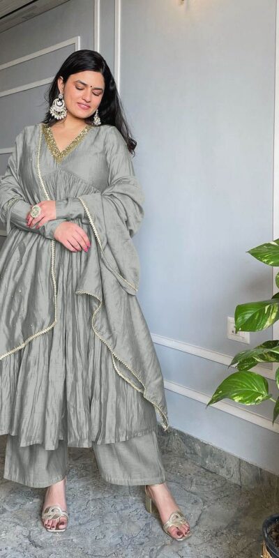 AD 152 Grey Color Pure Chinon Silk Embroidery Gown Fancy Full Sleeve Wedding, Party, Festive, Events Etc. Expected Delivery 4-6 Working Days @1799/ | Jump Suits, Salwar suit, Casual Suits, Creative suits, Designer Suits, Palazzo Suits, Party Wear Suits, Patiala Suits, Straight Suits