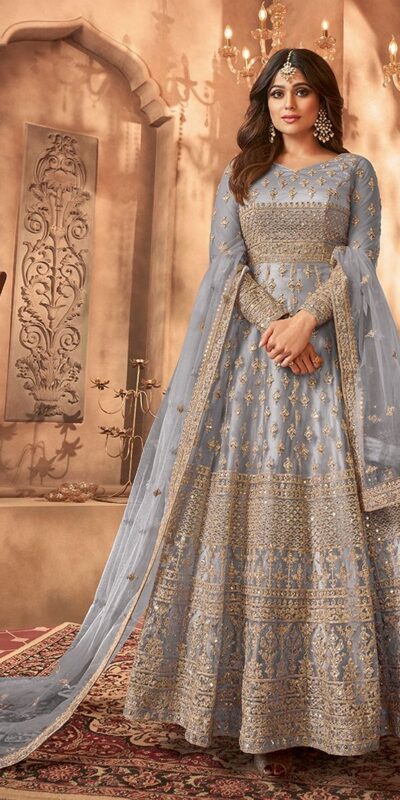 Grey Net Sequence Work Salwar Suit
