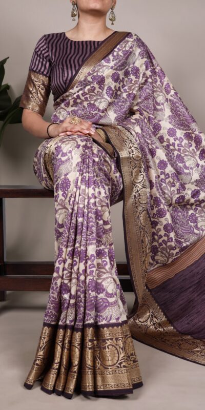 Lavender Tasar Silk Lace Border Work Saree