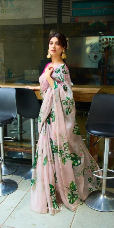 Light Pink Soft Organza Zardosi Pitha Work Saree