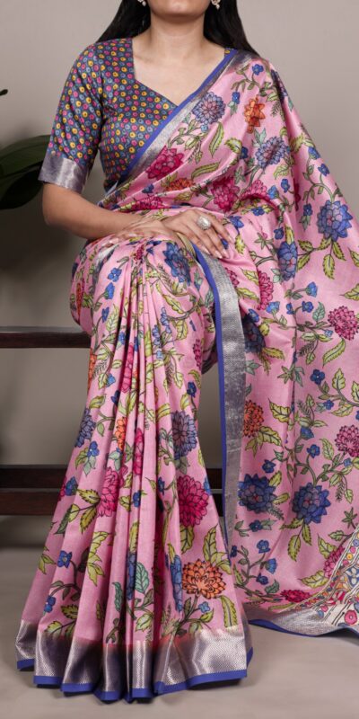 Light Pink Tasar Silk With Viscose Border Saree