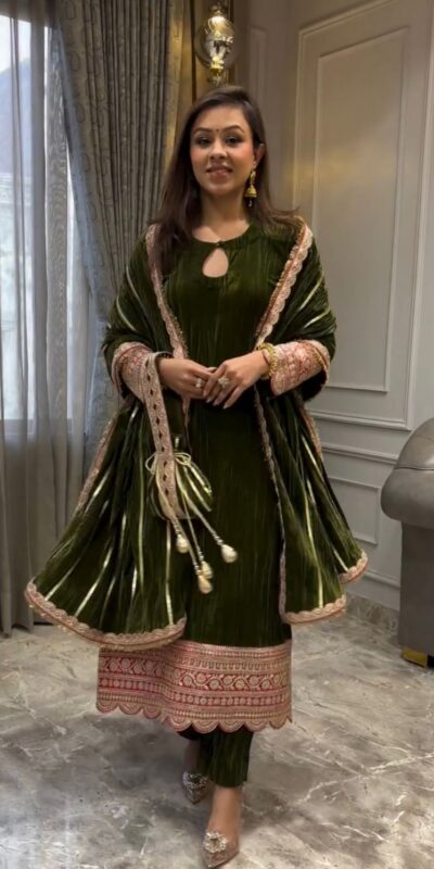 VLM 241 Mahendi in Crash Viscose Velvet Embroidery Work Salwar Suit . Affordable Price ₹2399. Delivery 4-6 Working Days. Shop now. | Jump Suits, Salwar suit, Casual Suits, Creative suits, Designer Suits, Palazzo Suits, Party Wear Suits, Patiala Suits, Straight Suits