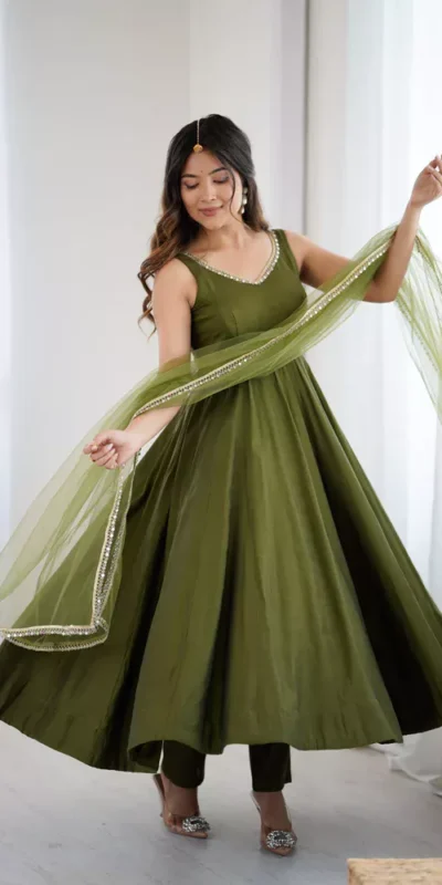 Mahendi Roman Silk Chanderi Mirror Work Gown