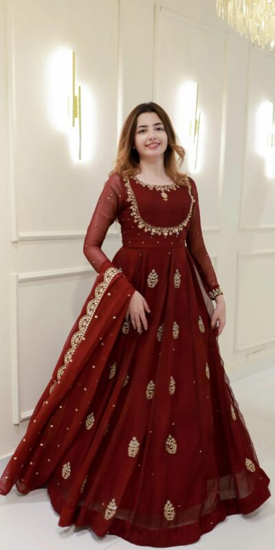 Maroon Georgette Embroidery Work Gown
