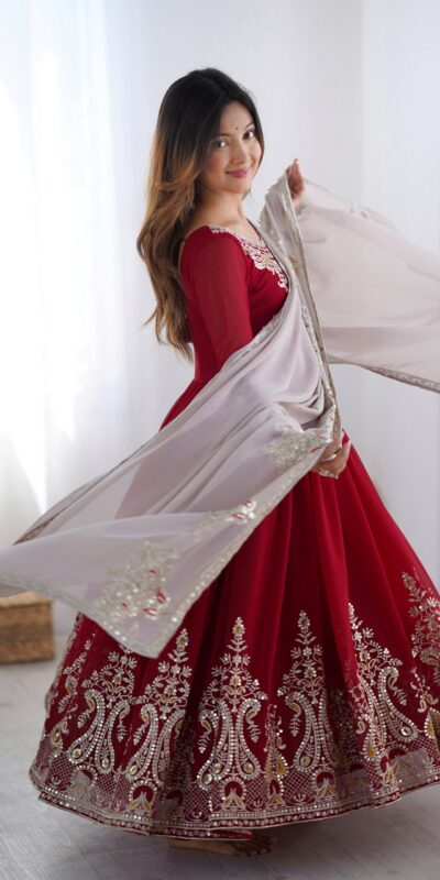 ZF 5008 Maroon Georgette Gown with Embroidery Work. Wedding, Party, Festive, Events, Special Price ₹2049. Delivery 4-6 Working Days. Shop now. | Jump Suits, Salwar suit, Casual Suits, Creative suits, Designer Suits, Palazzo Suits, Party Wear Suits, Patiala Suits, Straight Suits