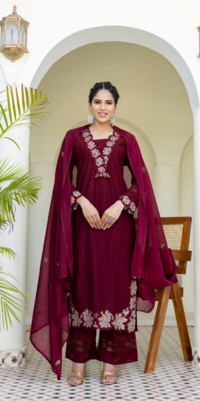 Maroon Rayon Embroidery Salwar Suit