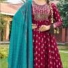Maroon Rayon Embroidery Work Gown