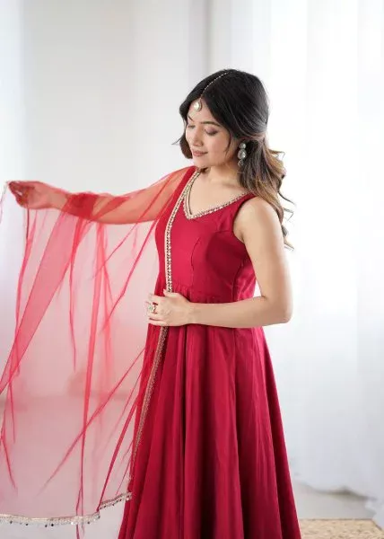 Maroon Roman Silk Chanderi Mirror Work Gown - Image 5