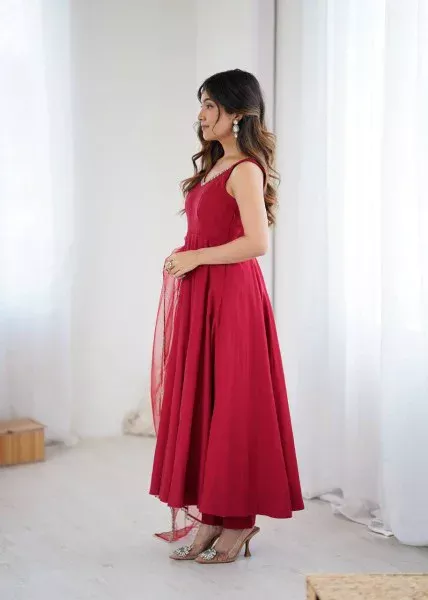 Maroon Roman Silk Chanderi Mirror Work Gown - Image 4