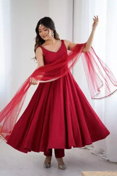 Maroon Roman Silk Chanderi Mirror Work Gown