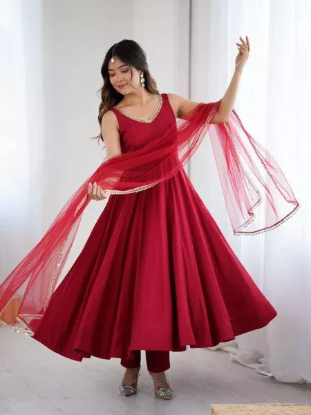 Maroon Roman Silk Chanderi Mirror Work Gown